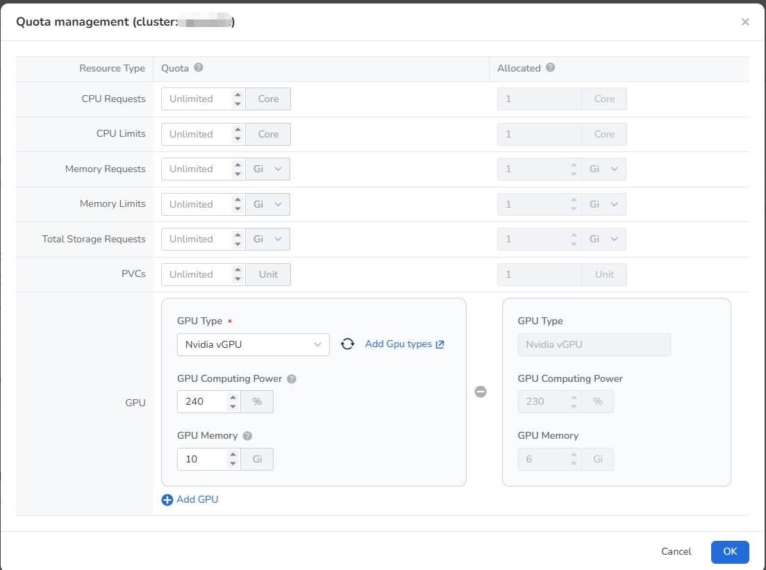 Configure shared-resource GPU quotas