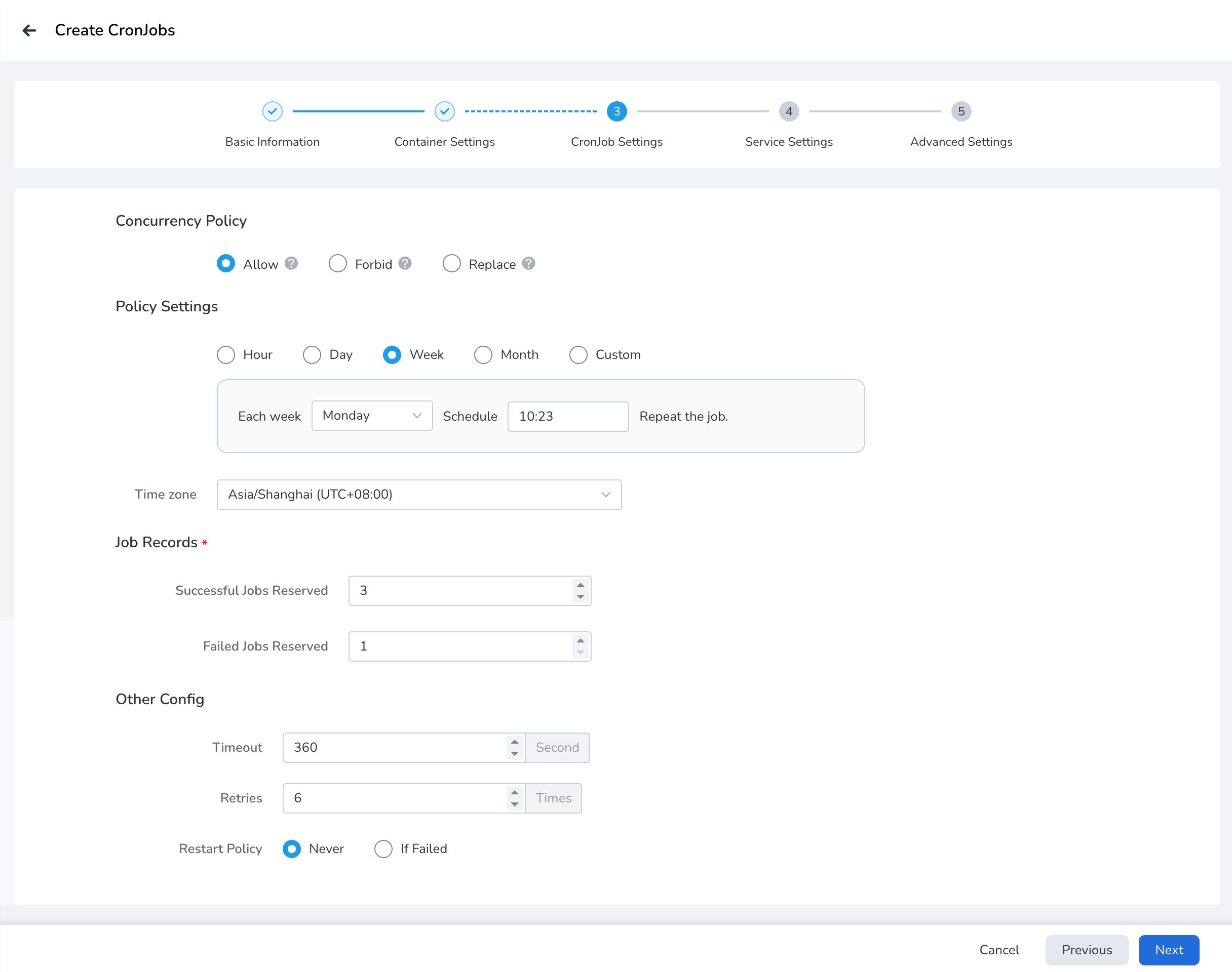 CronJob Settings